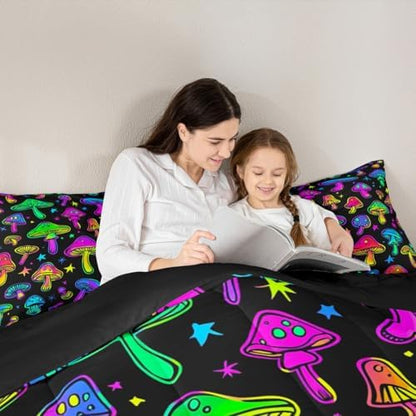 Boys Cute Mushroom Bedding Sets Full Size,Teen Girls Purple Black Hippie Mushrooms Comforter Set Kids Colorful Stars Botanical Bed Comforter Set Wild Plant Bedding Quilt Teal 2 Pillow Cases