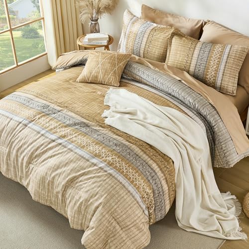 Dintszyayue Khaki Queen Comforter Size Set, 8 Pieces Striped Boho Texture Bed in a Bag Sets, Lightweight Soft Bohemian Comforter and Sheet Set, All Season Microfiber Bedding Sets for Men Women