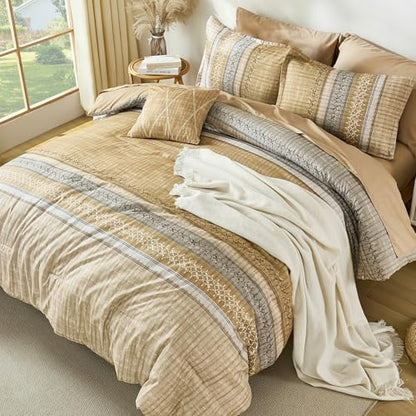 Dintszyayue Khaki Queen Comforter Size Set, 8 Pieces Striped Boho Texture Bed in a Bag Sets, Lightweight Soft Bohemian Comforter and Sheet Set, All Season Microfiber Bedding Sets for Men Women