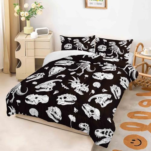 AILONEN Boys Fossil Dinosaurs Skull Comforter Set Twin Size, Dinosaur Bedding Set for Kids Teens,Ancient Animal Wildlife Quilt with 2 Pillowcases,Soft Microfiber