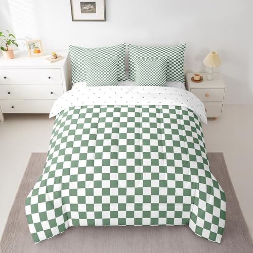 jejeloiu Green and White Comforter Set with Sheets 7 Piece Twin Size