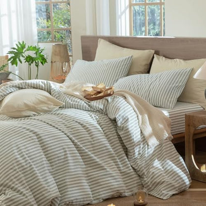 MooMee Striped Duvet Cover Set 100% Washed Cotton Linen Like