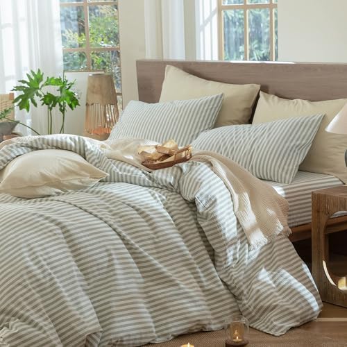 MooMee Striped Duvet Cover Set 100% Washed Cotton Linen Like Full