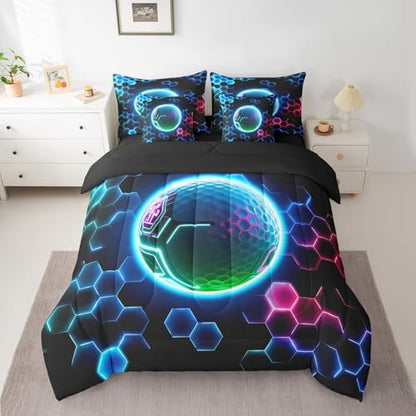 Erosebridal 3D Golf Full Bedding Set - Sports Decor Bed in A Bag,Neon Geometric Honeycomb Comforter Sets with Sheets, Cool Gamer Style 7 Pieces Bed Set Bedroom Decor