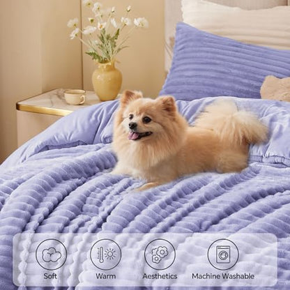 BEDELITE Fleece Queen Comforter Set, Fluffy Bed Set, Lavender