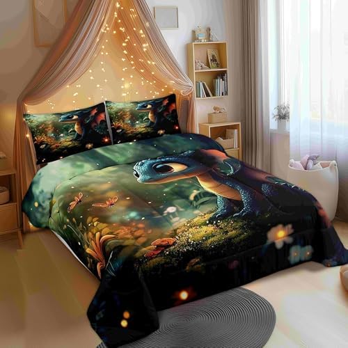 Castle Fairy Cute Dragon Twin Size Comforter Set,Mysterious Wild Animals Duvet Set Soft Bed Collection,Kawaii Flower Animals Bedding Comforter for Boys Girls Bedroom,2 Pcs