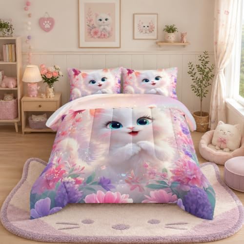 Kids Pink Cats Bedding Set Twin Size with 2 Pillowcases.