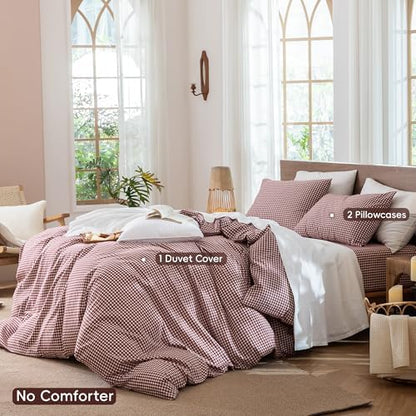 MooMee Gingham Duvet Cover Set 100% Washed Cotton Linen Like