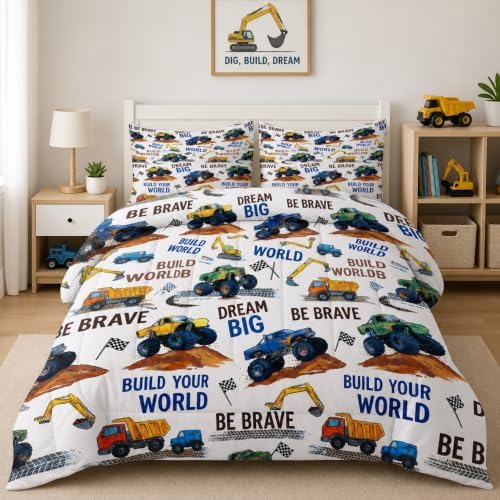 Pamnest Queen Comforter Set, 3 Pieces Truck Excavator Bedding, All Season