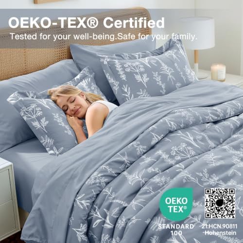 MUXHOMO Light Grey Full Comforter Set, Elegant Floral Print Bed in a Bag 7 Pieces, Ultra Soft & Breathable Reversible Botanical Pattern Bedding Set with Comforter, Sheets, Pillowcases, and Shams