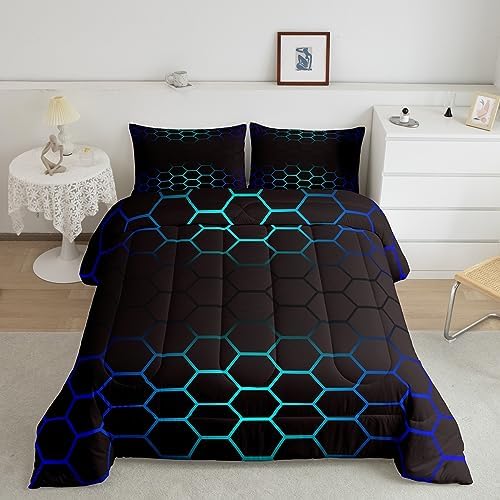 Geometrics Honeycomb Comforter Set Queen, Abstract Ombre Honeycomb Bedding Set for Kids Beehive Hexagon Comforter Simplistic Duvet Set 3Pcs