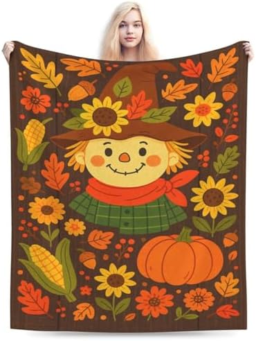 Fall Scarecrow Blanket Super Soft Warm Fluffy Fleece Flannel Farmhouse Autumn Throw Blanket Cozy Fuzzy Plush Thanksgiving Stuff Bedding Blankets Gifts for Women Kids Boys Girls Adults 60"X50"