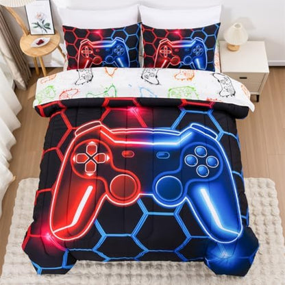 NTBED Twin Game Console Comforter Set for Boys Girls Kids 3D Gaming Lightweight Microfiber Gamer Bedding Sets Red Blue