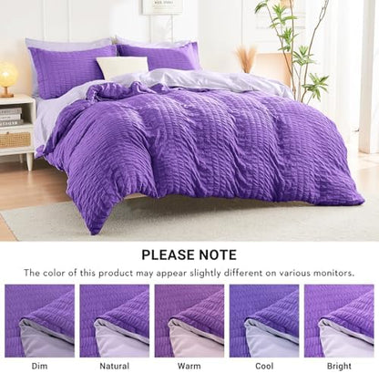 HYMOKEGE Dark Purple/Lavender Twin Comforter Set Seersucker 5 Pieces, All Season Luxury Bed in a Bag for Bedroom, Bedding Set with Comforter, Sheets, Pillowcase & Sham