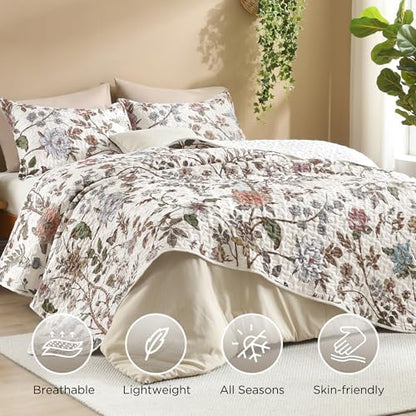 Litanika Floral White Quilt Queen - 3Pcs Botanical Birds Bedding Set