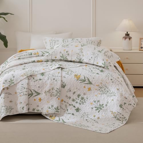 Lady Ann Oversized King Quilt 120x120, Cotton California King Size Quilted Bedding Set, Yellow Floral & Green Leaves Pattern Printed Cottagecore Coverlet Set Shabby and Chic Bedspread, 3 Pcs