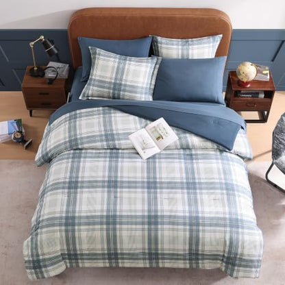 Plaid Full Size Comforter Set Blue Grey 7 Pieces Farmhouse Bed in a Bag
