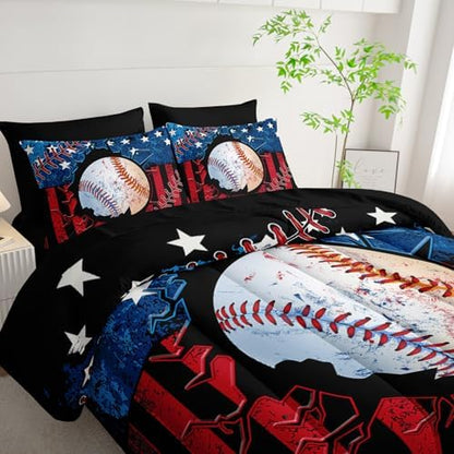 HOSIMA 7Pcs Baseball Full Comforter Set with Sheets Sports Bedding.