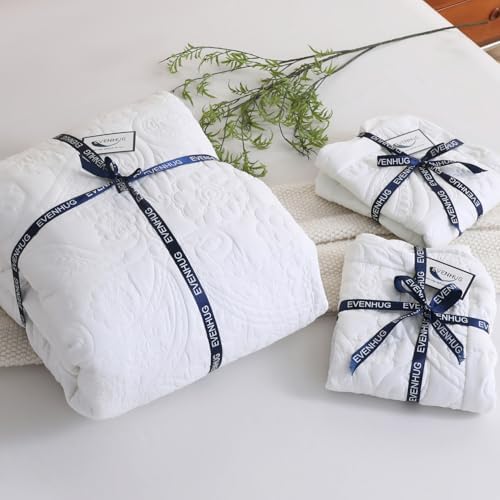 EVENHUG Oversized King Bedspreads California King Quilt Set with Pillow Shams Extra Wide Large King Size Quilts Lightweight Coverlet Bedding Sets White 120"x120"