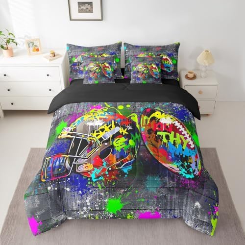 Erosebridal Graffiti Rugby Ball Queen Bedding Set - Colorful Rugby Helmet Bed in A Bag,Sports Comforter Sets with Sheets, Football Game 7 Pieces Bed Set Bedroom Decor