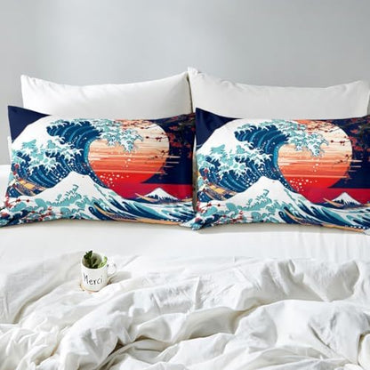 Feelyou Japanese Wave Bedding Set Full Size Kids Cherry Blossoms Comforter Cover Set for Boys Girls Teens Fuji Mountain Decor Home Decor Duvet Cover Red Sun Japanese Style Bedspread Cover