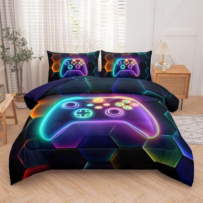 5PCS Gaming Comforter Sets Full,Full Comforter Set for Boys,Gaming Geometry Bed Set for Boys,Adults,Teens,All Season Use