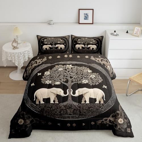 Manfei Boho Elephant Kids Comforter Set Twin Size,Tree of Abstract Life Western Tribal Bedding Set,Girls Boys Room Decor,Flowers Plant Botanical Quilt Comforter,Black Retro Duvet Insert,1 Pillowcase