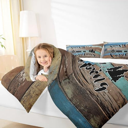 Camping Adventure Comforter Set Queen Size,Camper RV Trailer Decor Bedding Set 3pcs for Kids Boys Girls Adults,Retro Wooden Plank Cottage Down Comforter,Rustic Farmhouse Duvet Insert,2 Pillowcases