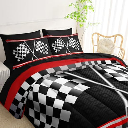 QOOMO Race Car 7 Pieces Comforter Set Queen,Racing Bedding Set for Kids