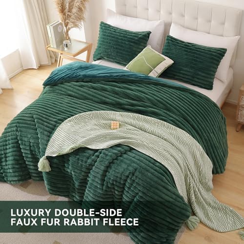 Smoofy Fluffy Queen Size Comforter 3 PCS - Dark Green Fleece Bedding Set