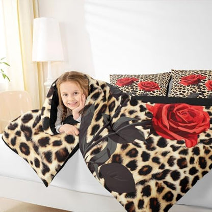 Erosebridal Rose Flower Comforter Set for Kids Girls Women, Leopard Print Down Comforter King Size, 3D Red Floral Petal Bedding Set Cheetah Animal Skin Quilted Duvet for Bedroom Decor, Brown