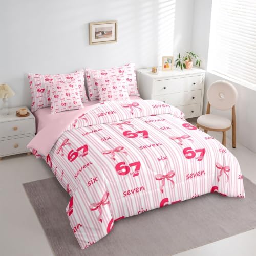 Erosebridal Girly Coquette Bowknot 7 Piece Bedding Set Twin Size Pink 67 Bow Comforter Set for Kids Girls Birthday Gifts,Watercolor Six Seven Bed in A Bag Pink Striped Number 67 Print Bed Set