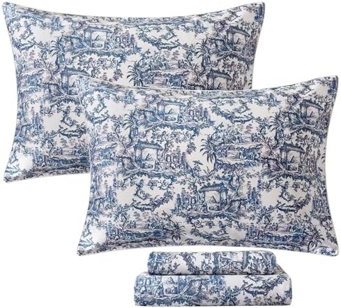 FADFAY Blue Toile Sheets Set Queen French Country Vintage Farmhouse Bedding Exotic Scenic Chinoiserie Floral Bedding 100% Egyptian Cotton Soft Breathable Sheet Set with Deep Pocket Fitted Sheet 4Pcs