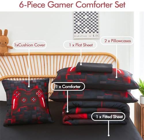 PERFEMET 6-Piece Boys Comforter Set Queen Size Game Console Bedding Set for Kids Teen 3D Black and Red Gamepad Gaming Bed in a Bag Matching Sheet Set(Red, Queen)