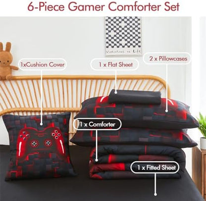 PERFEMET 6-Piece Boys Comforter Set Queen Size Game Console Bedding Set for Kids Teen 3D Black and Red Gamepad Gaming Bed in a Bag Matching Sheet Set(Red, Queen)