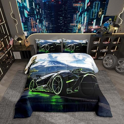 Erosebridal 3Pcs Green Race Car Comforter Set King Size Black Sports Cars Bedding Sets for Boy Car Room Decor 3D Geometric Bed in A Bag with 1 Comforter,2 Pillowcases,All Season