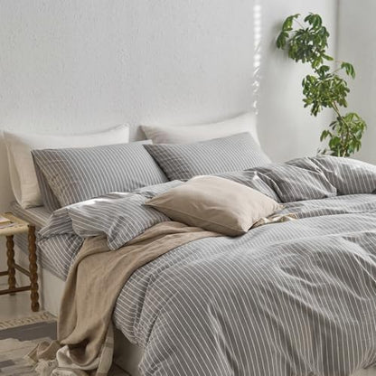 MooMee Striped Duvet Cover Set 100% Washed Cotton Linen Like Queen