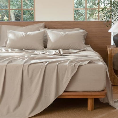 MooMee Sheet Set 100% Washed Cotton Linen-Like Extra Deep Pocket Queen