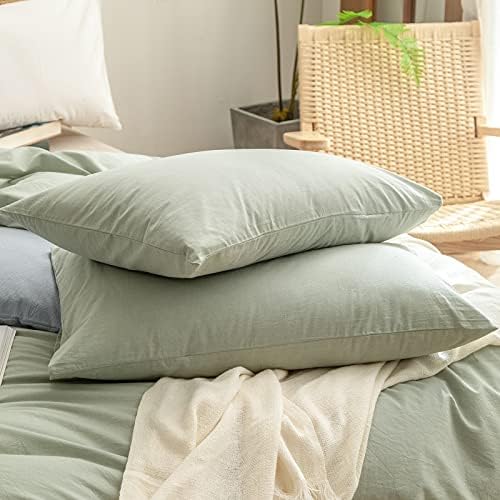 BESTOUCH Cotton Solid Duvet Cover Set Linen Feel Sage Green Super Queen