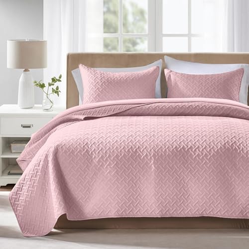 FLYMME Queen Quilt Bedding Set Pink Lightweight Bedspreads Full Size,Soft Microfiber Bed Coverlet for All Season (1 Quilt, 2 Shams)