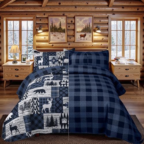 3 Piece Cabin California King Size Quilt Sets Farmhouse Rustic Reversible Microfiber Soft Lightweight Bedspread Comforter with 2 Shams Patchwork Country Lodge Bedding for All Season, 118''x106'', Blue