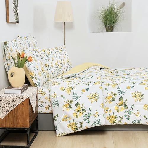 lasoftan Floral Queen Comforter Set with Sheets, 7 piece Luxury Vintage Bedding, Soft Microfiber Bed in a Bag, Cozy Lightweight Bed Set, Yellow Flower Green Leaves