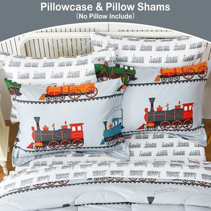 Viviland Kids Twin Bedding Sets, Boys Comforter, Light Grey Train