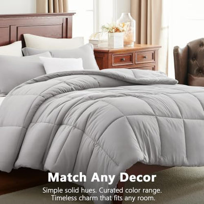 CozyLux Queen Size Comforter Set, 3-Piece Box-Stitched, French Grey