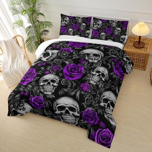 Sugar Skull Full Size Comforter Set Floral Bedding Set,Gothic Skull Bedding Set for Boys Girls,Skeleton Bone Rose Blossoms Print Halloween Quilt Set,Horror Comforter Set for Bedroom Decor