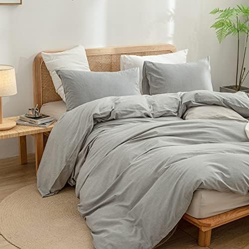 BESTOUCH Cotton Solid Duvet Cover Set Linen Feel Light Grey King