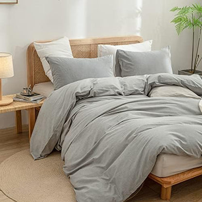 BESTOUCH Cotton Solid Duvet Cover Set Linen Feel Light Grey King