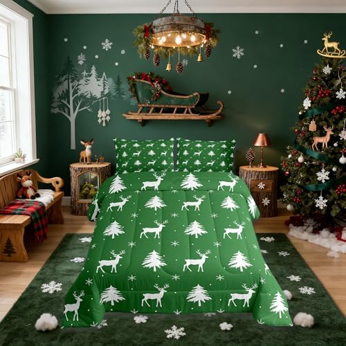Christmas Deer Comforter Set Full Size,Snowflake Pine Tree Kids Bedding Set,Rustic Farmhouse Xmas Quilt Comforter,Green White Duvet Insert,2 Pillowcases