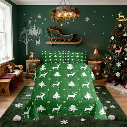 Christmas Deer Comforter Set Full Size,Snowflake Pine Tree Kids Bedding Set,Rustic Farmhouse Xmas Quilt Comforter,Green White Duvet Insert,2 Pillowcases