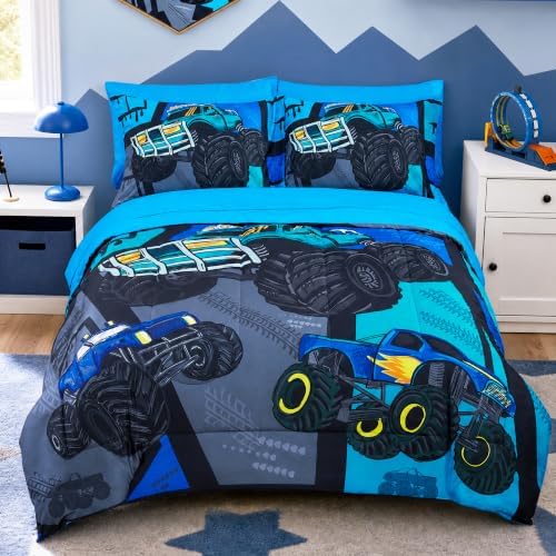 Viviland Kids Bedding Set Full Size Comforter Sets, Bed in Blue Patchwork Monster Truck Cover Set for Children